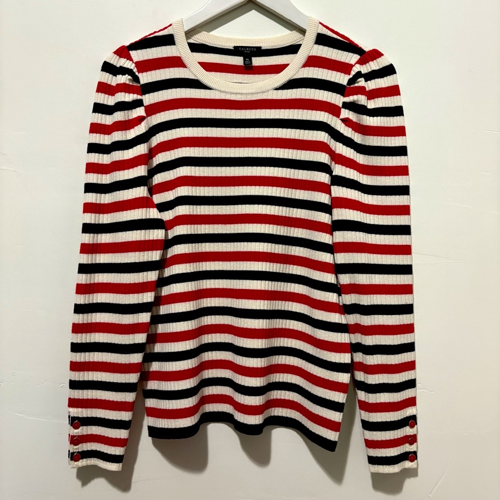 Talbots Striped Red and Black Women's spring top with puffed sleeves